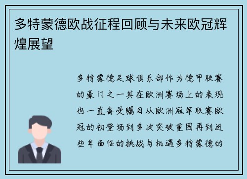 多特蒙德欧战征程回顾与未来欧冠辉煌展望