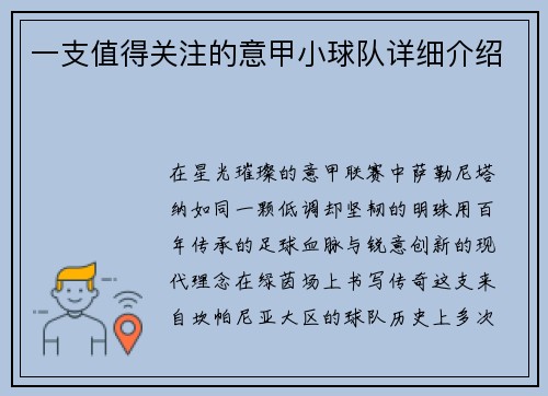 一支值得关注的意甲小球队详细介绍