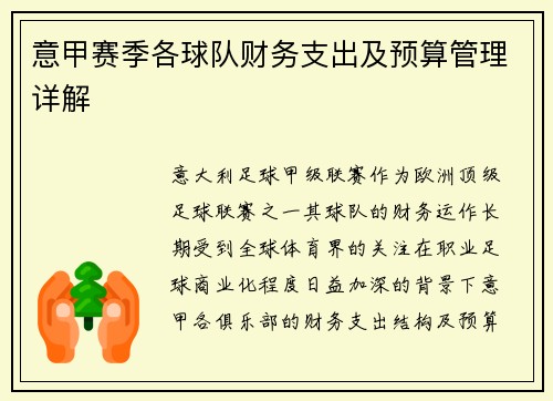意甲赛季各球队财务支出及预算管理详解