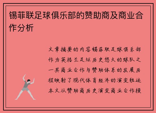 锡菲联足球俱乐部的赞助商及商业合作分析